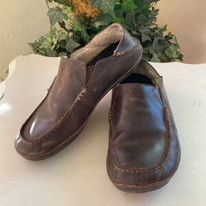 Well Love ❤️ Men’s Olukai Brown Leather Sheep Fur Lined Moccasin Slippers Sz 9 M